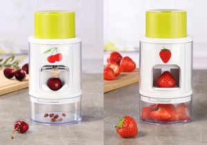 Kirschentkerner und Erdbeerschneider mit Auffangschale