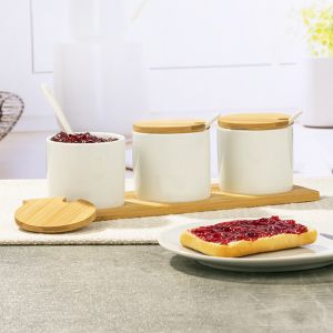 Keramik Serviergläser mit Bambus - Holzständer jeweils mit Bambus - Deckel und Löffel