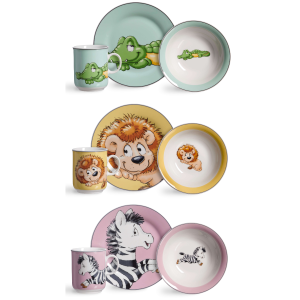 3tlg. Kinderset Happy Zoo Teller, Schale, Tasse Krokodil, Löwe oder Zebra